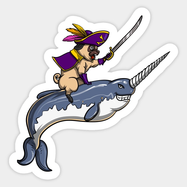 Pug Pirate Riding Narwhal Fish Sticker by underheaven